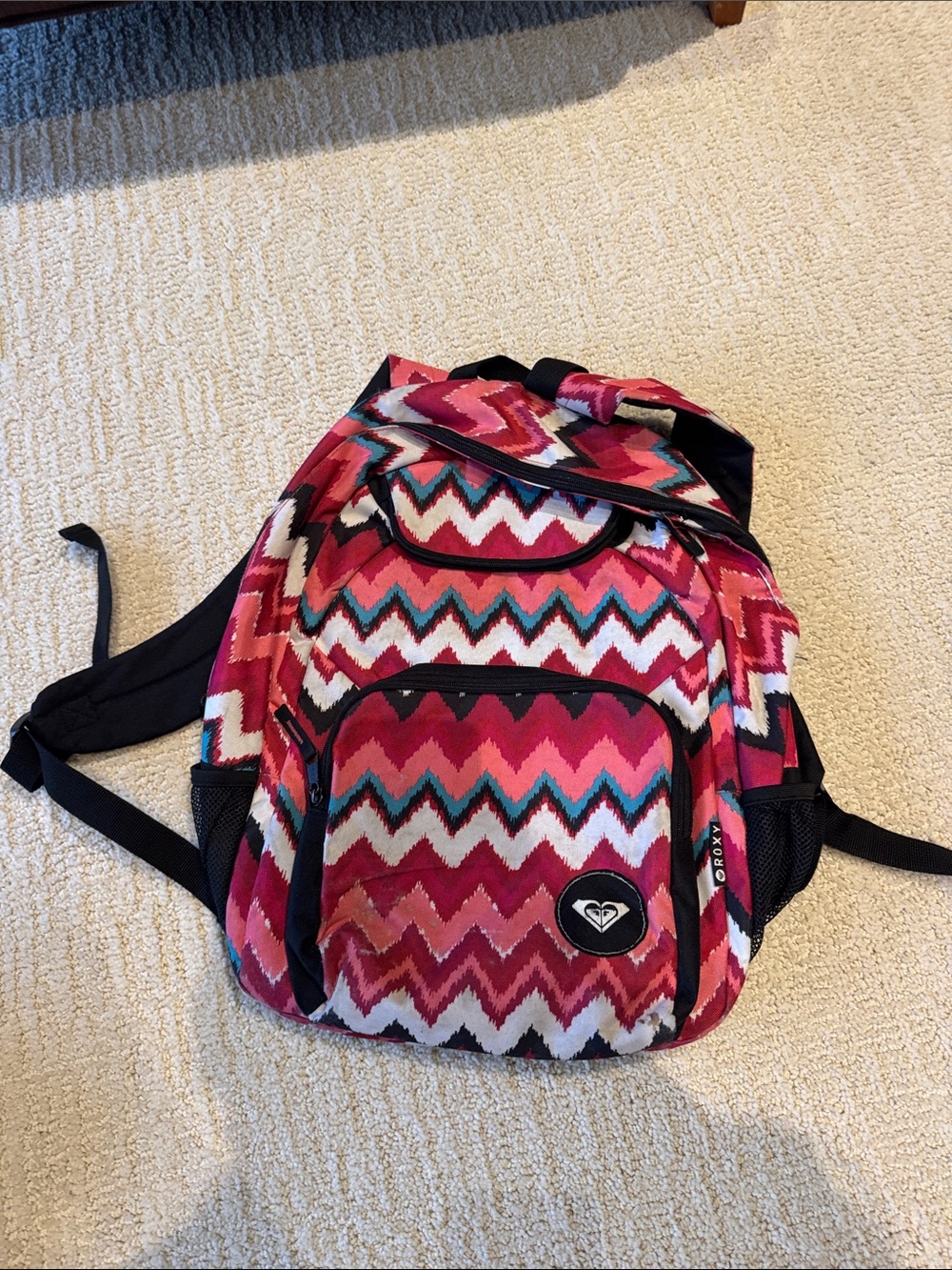 Roxy Pink Chevron Print Backpack with Teal Accents